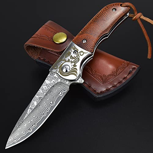 AUBEY Damascus Pocket Knife with Clip, Damascus Knife Folding Knife with VG10 Damascus Steel Blade, Wooden Handle, Foldable EDC Knife for Outdoor Survival Collection Gift