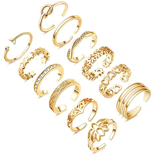 Honsny 12PCS 14K Gold/Silver Plated Toe Rings for Women Adjustable Band Rings Open Flower CZ Toe Ring Set Beach Foot Jewelry