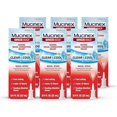 Mucinex Nasal Decongestant Spray, Sinus-Max Severe Nasal Congestion Relief Clear & Cool Nasal Spray, Lasts 12 Hours, Fast Acting, Cooling Menthol Flavor, Packaging May Vary, 0.75 Fl Oz (Pack of 6)