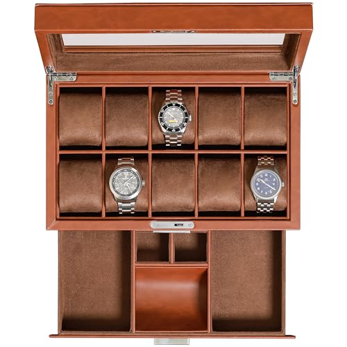 ROTHWELL 10-Slot Watch Box in Leather with Valet Drawer, Luxury Watch Case Display Organizer with Ultra Soft Microsuede Liner, Jewelry and Sunglass Holder With Large Glass top (Tan/Brown)