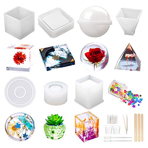 Resin Molds Silicone Kit 20Pcs,Epoxy Resin Molds Including Sphere,Cube,Pyramid,Square,Round, Used for Create Art,DIY,Ash Trays,Coasters,Candles.Bonus Decorative Sequins and The Complete Set Tools