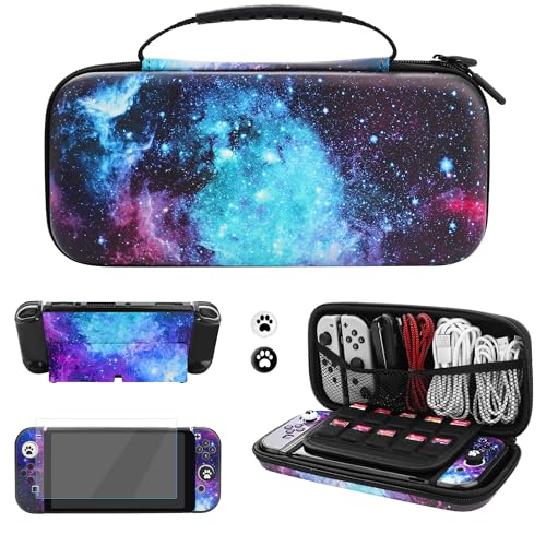 HYPERCASE Carrying Case for Nintendo Switch OLED, Galaxy Portable Travel Cover Case with 10 Game Card Cartridges for Switch OLED, Skin Kit with Protective Hard Shell, Screen Protector and 2 Thumb Caps