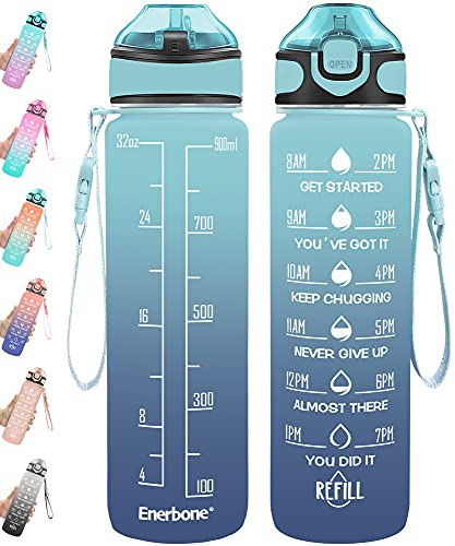 Enerbone 32 oz Drinking Water Bottle with Times to Drink and Straw, Motivational with Carrying Strap, Leakproof BPA & Toxic Free, Ensure You Drink Enough Water for Fitness Gym Outdoor