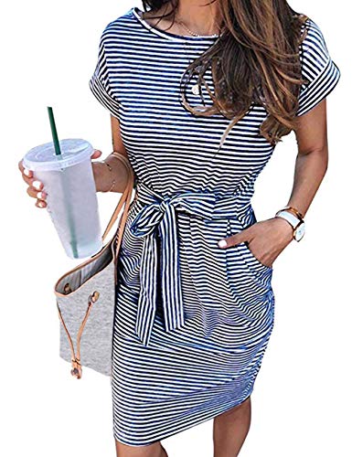 MEROKEETY Women's Summer Striped Short Sleeve T Shirt Dress Casual Tie Waist with Pockets Navy