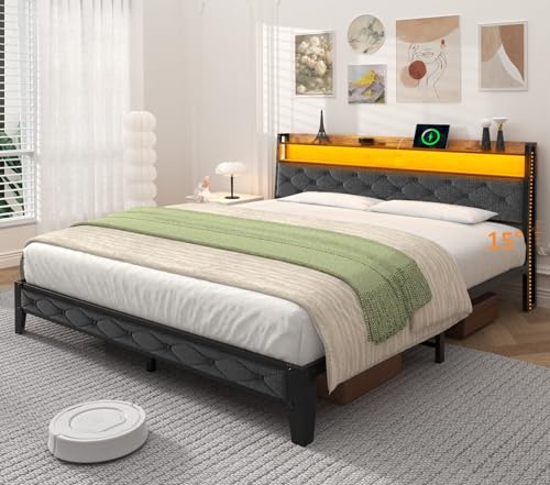 Winkalon Queen Bed Frame with Headboard, Bed Frame with Charging Station, Metal Platform Bed Frame No Box Spring Needed, Modern Wood Upholstered Headboard and Under Bed Storage.