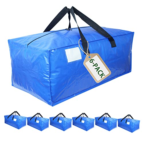 Kiffun Moving Bags Blue Heavy Duty Extra Large Tote Bag with Zippers Handles & Backpack Trap Easy Packing & Storage for Clothes Blanket 6 Pack