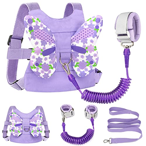 Toddler Harness Leash + Anti Lost Wrist Link, Accmor Kids Butterfly Harnesses with Children Leashes, Cute Baby Leash Walking Assistant Wristband Strap Tether for Girls Outdoor (Purple)