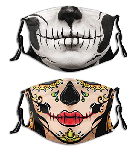 2Pcs Day of The Dead Cloth Face Mask, Sugar Skull Masks Washable & Adjustable Fashion Balaclava with Filters …