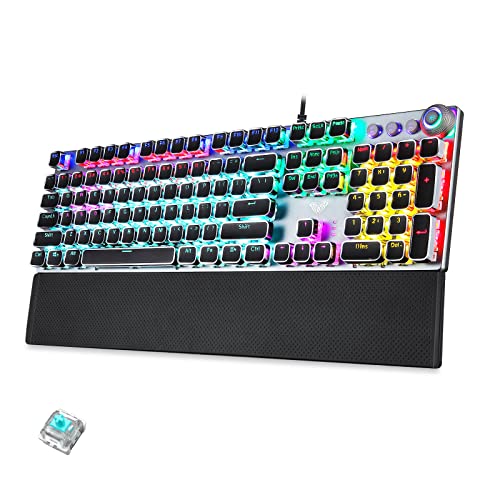 AULA F2088 Mechanical Gaming Keyboard,Clicky Blue Switches,Rainbow LED Backlit,Volume Controls,Removable Wrist Rest,Punk Cool Square Keys,Macro Programmable Wired Computer Keyboard