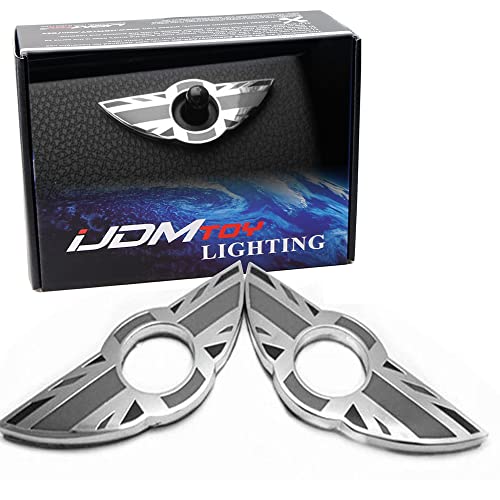 iJDMTOY (2) Union Jack Style Wing Emblem Rings for Mini Cooper R55 R56 R57 R58 R59 Door Lock Knobs, Black/Grey UK Flag Design (Does not fit R60 R61 nor F55 F56 Models)