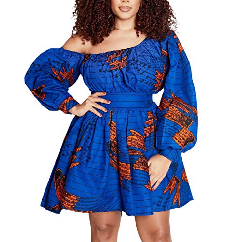 Vimoisa Women Sexy Boho African Short Dress One Shoulder Oblique Neck Dress Pleated Dress Floral Print Long Sleeve Top