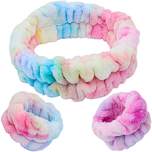 FROG SAC Puffy Headband and Wristbands - Rainbow Tie Dye Skincare Accessories for Women and Girls
