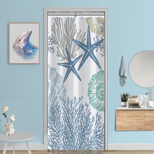 Tritard Small Stall Shower Curtain 36x72 Half Size - Nautical Coastal Waterproof Fabric Shower Curtains for Bathroom, Starfish Seashell Beach Themed RV Camper Narrow Bath Curtain with 7 Hooks, Blue