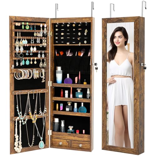 6 LEDs Mirror Jewelry Cabinet, 43.3' Jewelry Armoire with Full-length Mirror, Lockable Jewelry Organizer Storage with Storage Shelves, Door Hanging/Wall Mounted Mirror with Jewelry Storage (LED Brown)