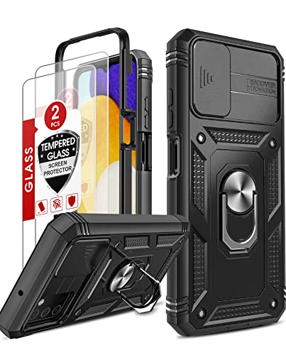 LeYi for Samsung Galaxy A03s Phone Case: Galaxy AO3s Phone Case with Slide Camera Cover + [2 Packs] Screen Protector, 360 Full Body Military-Grade Phone Case with Kickstand for A03s, Black