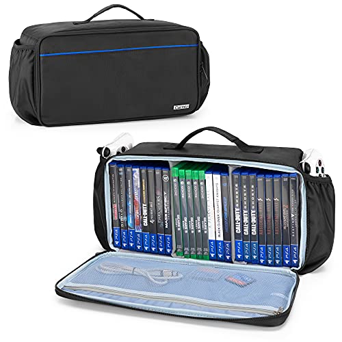CURMIO Game Disc Storage Bag Holds Up to 24 Discs, Game Disk Travel Case Compatible for PS5/PS4/PS4 Pro/PS3/Xbox One/Xbox 360//Xbox Series X/S, Blue Stripe(Bag Only)