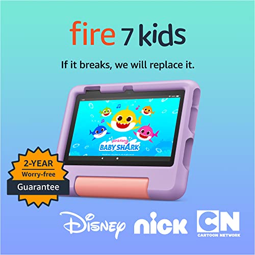 Amazon Fire 7 Kids tablet, ages 3-7. Top-selling 7' kids tablet on Amazon - 2022 | 6-months ad-free content with parental controls included, 10-hr battery, 16 GB, Purple
