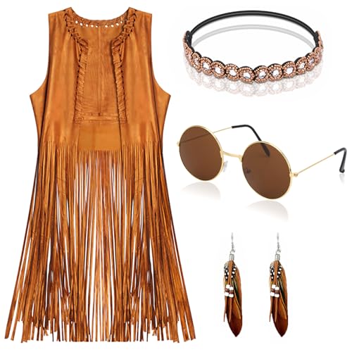 EVISWIY Hippie Costumes Clothes for Women 60s 70s Outfits Women Hippie Vest with Fringe Sleeveless Cardigan Faux Seude Tassels Vest Set (X-Large) Beige