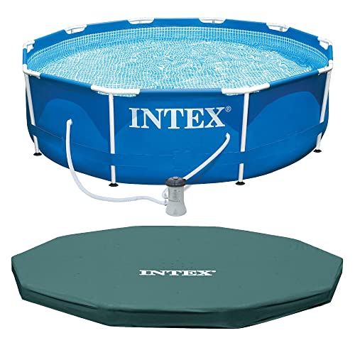 INTEX Metal Frame 10ft x 30in Round Above Ground Outdoor Swimming Pool Set with 330 GPH Filter Pump, Cartridge, and Protective Round Pool Cover