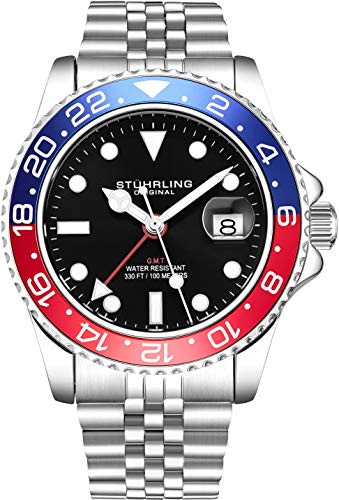 Stuhrling Original Men's Stainless Steel Jubilee Bracelet GMT Watch Quartz, Dual Time, Quickset Date with Screw Down Crown, Water Resistant up to 10 ATM