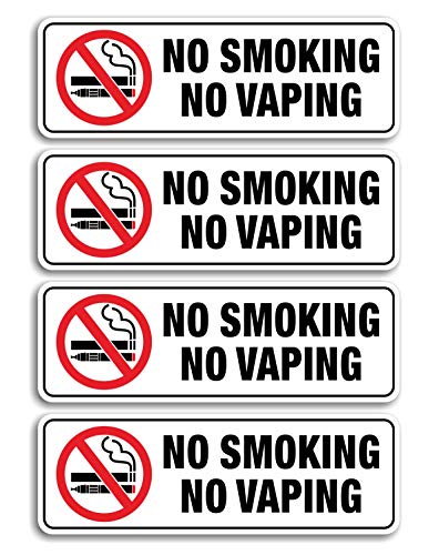 No Smoking No Vaping Sign, (4 Pack) 9 X 3 Inch, Self-Adhesive, Use for Home Office/Business, Easy to Apply, Black Big Letters on White Plate