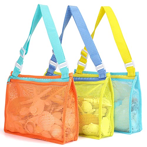 Tagitary Beach Toy Mesh Beach Bag Kids Shell Collecting Bag Beach Sand Toy Totes for Holding Shells Beach Toys Sand Toys Swimming Accessories for Boys and Girls(Only Bags,A Set of 3)