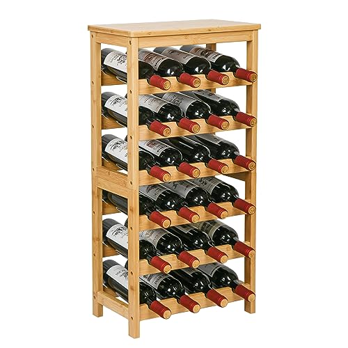 VASMIA Wine Rack Free Standing Floor, 6-Tier Display Wine Storage Shelves with Table Top, 24-Bottle Bamboo Wine Rack Shelf for Kitchen Bar Dining Room Living Room, Natural