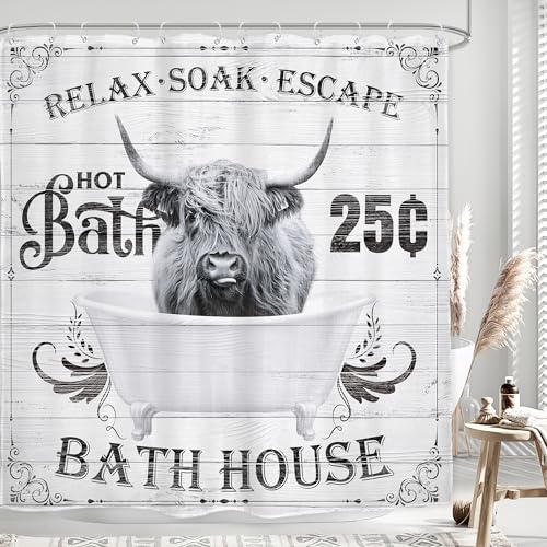 Glawry Funny Highland Cow Shower Curtain Bull Farmhouse Western Cattle in Bathtub Bath Rustic Farm Wildlife Animal Barn Hilarious Wood Cute 72Wx72L Inch Bath Accessorie Home Decor Fabric 12 Pack Hook