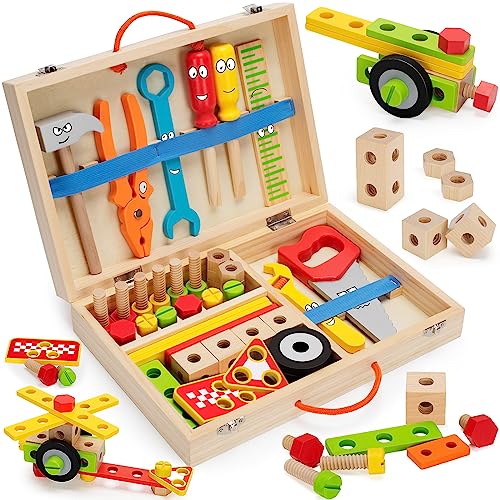 LACCHOUFEE Kids Tool Set Toy, Stem Montessori Toys for 3 4 5 Years Old Boy Girl, 43 Pcs Wooden Toddler Tool Kits Inc Box, Learning Educational Construction Toy, Birthday for Kids