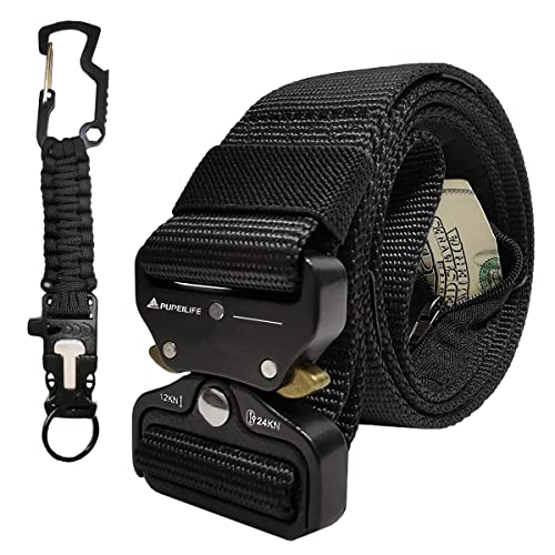 Tactical Style Travel Money Belts - Hidden Pocket Concealed Zipper Nylon Belt for Man Waist Below 42 Inches Included EDC Paracord Keychain 2 Items in Pack - Black