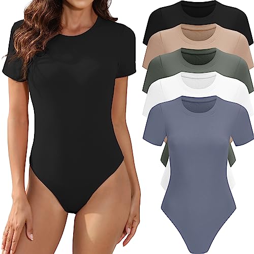 MLYENX 5 Pack Body Suits for Womens Short Sleeve Round Neck Casual Stretchy Basic T Shirt Bodysuit Tops
