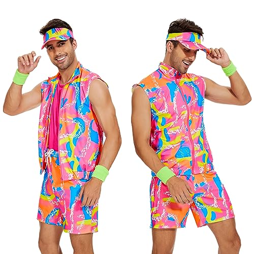 KBJALQ 80S 90S Workout Costume Halloween Costumes for Adult Mens Cosplay Outfits Swimwear Suit With Sun Hat (XL)