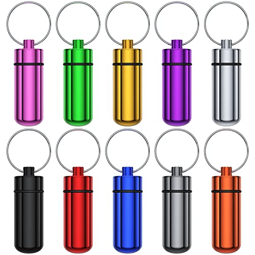Small Portable Pill Case with Keychain(10 Pack), Urekt Waterproof Aluminum Pill Organizer Metal Mini Box Pocket Drug Storage Container for Outdoor Camping Travel