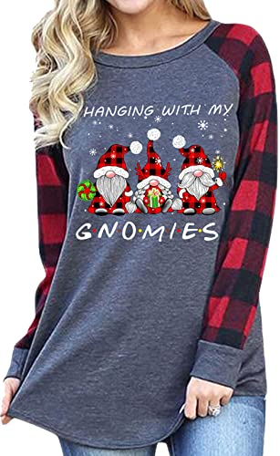 Hanging with My Gnomies Christmas Gnome Shirts Women Plaid Splicing Raglan Long SleeveTshirt Holiday Baseball Tops(Gnome-4320 L)