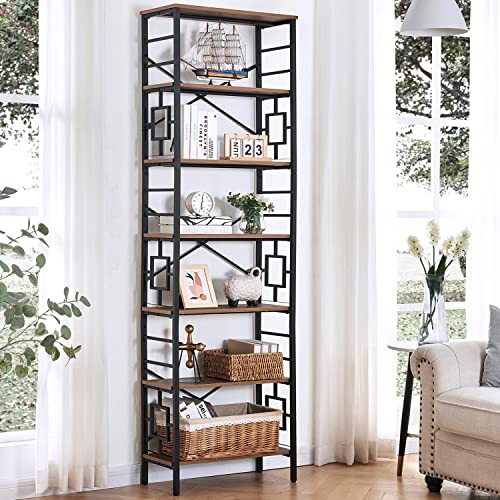 HOMISSUE Tall Bookshelf, Industrial 7-Tier Bookshelf with Unique Design, Open Bookshelves and Bookcases, Freestanding Book Shelf Bookcase for Living Room, Home Office and Bedroom, Rustic Brown
