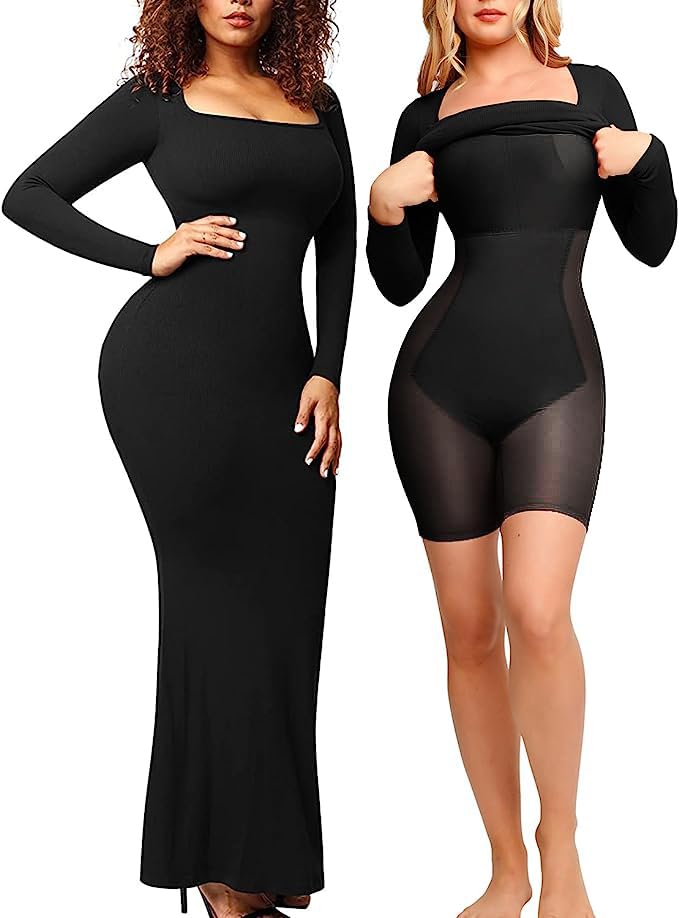 Popilush Long Sleeve Bodycon Maxi Dress Square Neck Bodysuit Tummy Control 8 in 1 Shapewear Dresses for Women Black