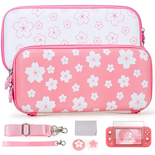 Tscope Cute Carrying Case for Nintendo Switch Lite, Pink Sakura Portable Hard Shell Girls Travel Storage Bag, with Glass Screen Protector & Thumb Grip Caps (Switch Lite Pink)
