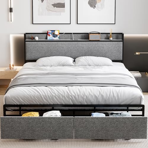 Queen Size Bed Frame, Storage Headboard with Charging Station, Platform Bed Frame with 2 Drawers, No Box Spring Needed, Easy Assembly, Gray