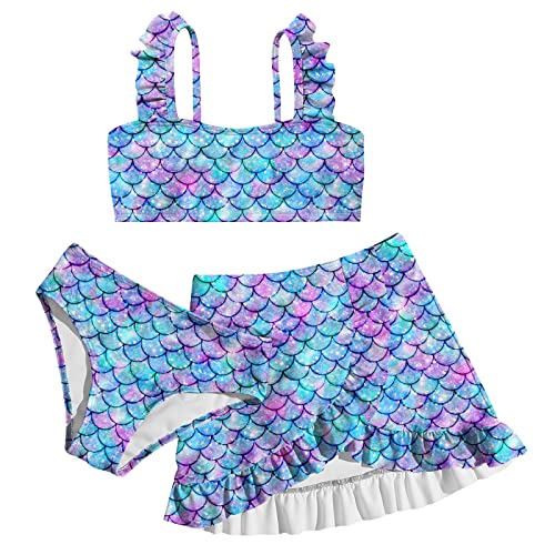 ALISISTER Toddler Girls Bathing Suits 3 Piece Swimsuit Mermaid Printed Bikini Tankini Sets with Cover Up Skirt Summer Beach Swimwear 5-6 Years Old Blue