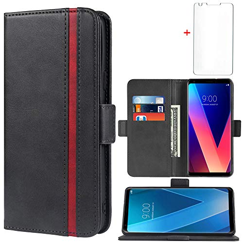 Phone Case for LG V30 ThinQ V35 Plus Leather Wallet Cases with Tempered Screen Protector Accessories Card Holder Full Body Flip Folio Cover LGV30 LGV35 LG30 LG35 V 30 35 V30+ V30s H931 Women Men Black