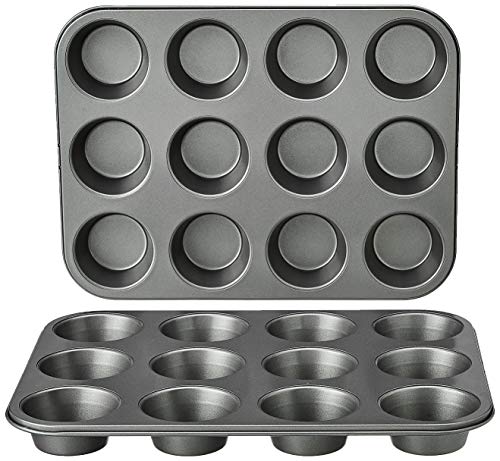 Amazon Basics Nonstick Round Muffin Baking Pan, 12 Cups, Set of 2, Gray, 13.9x10.55x1.22'