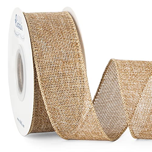Ribbli Burlap Wired Edge Ribbon,1-1/2 Inch x 10 Yard,Natural,Solid for Big Bow,Wreath,Tree, Outdoor Decoration