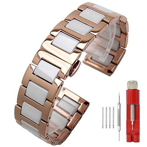 SINAIKE White Ceramic Watch Strap Bracelet Classy Watch Band Rose Gold Stainless Steel Bracelet Butterfly Clasp Push Button 18mm Watch Bracelet for Girls