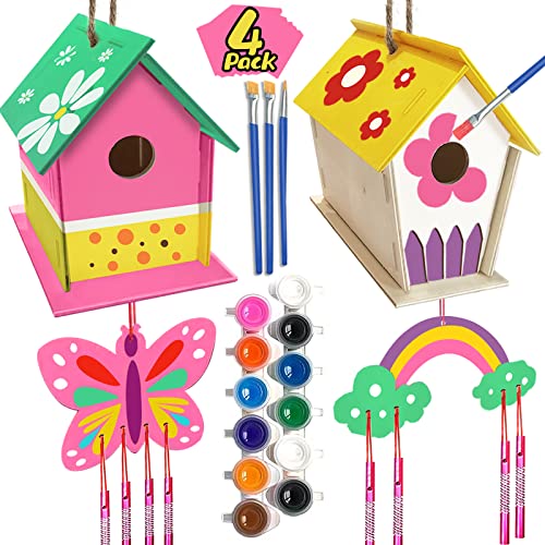 Crafts for Kids Ages 4-8 - 4 Pack DIY Bird House Wind Chime Kit - Build and Paint Birdhouses Wooden Arts Kits Easter Basket Stuffers Gifts for Girls Kids Boys Toddlers Ages 3-5 4-6 6-8 8-12