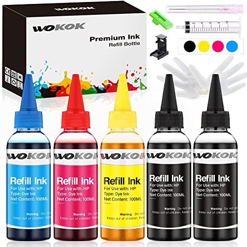 WOKOK Refill Ink Kit for HP 67 67XL 63 63XL 65 65XL 61 61XL 950 950XL 951XL 902XL 952XL Ink Cartridges, 100ML x 5 Bottles with Syringes (2 Black 1 Cyan 1 Magenta 1 Yellow)