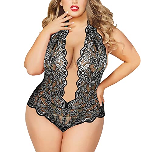 Plus Size Lingerie Set for Women Sexy Teddy Babydoll Lace Mesh Exotic Deep V See Through Exotic Lingerie Sets