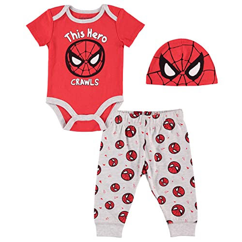 Marvel Spider-Man Baby Boys Clothing 3-Piece Set with Baby Bodysuit, Pants, and Hat – Baby Boy Outfits (Red/Grey, 3-6M)