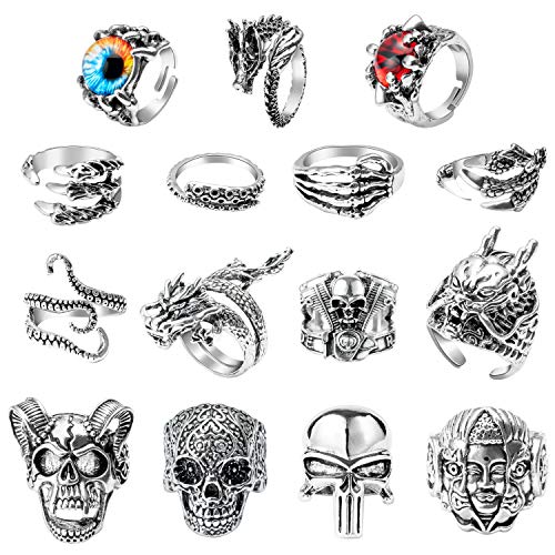 PANTIDE 16Pcs Vintage Punk Rings Set, Gothic Alloy Biker Adjustable Rings, Halloween Skeleton Skull Evil Eye Chinese Dragon Claw Octopus Dragon Rings, Fashion Retro Black Silver Antique Jewelry