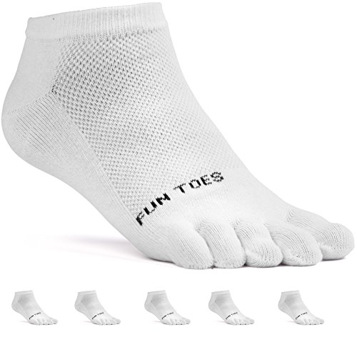 FUN TOES Women's Cotton Toe Socks Barefoot Running Socks -PACK OF 6 PAIRS- Size 9-11 -Lightweight- (White)