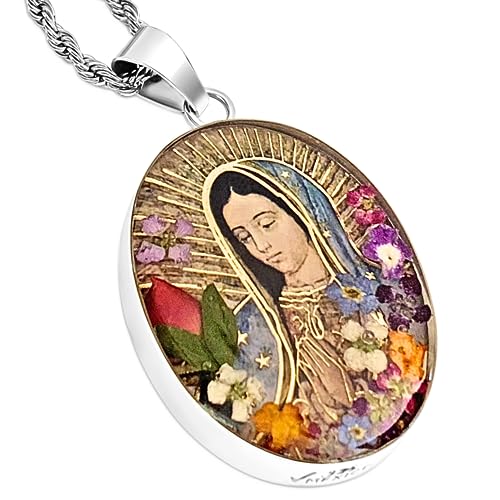 Virgin Mary Necklace Lady of Guadalupe Pendant 925 Sterling Silver with 20' Stainless Steel Chain Medalla Virgen Maria Miraculous Mary Medal Pressed Flower Catholic Religious Gift Jewelry -Handmade by